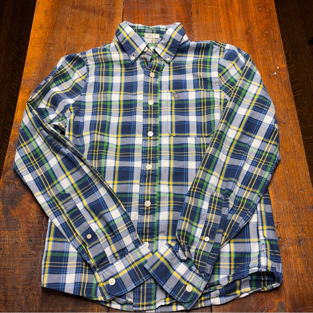 Abercrombie & Fitch Shirt M, Mens Flannel Green Plaid Button Up Muscle Fit S075